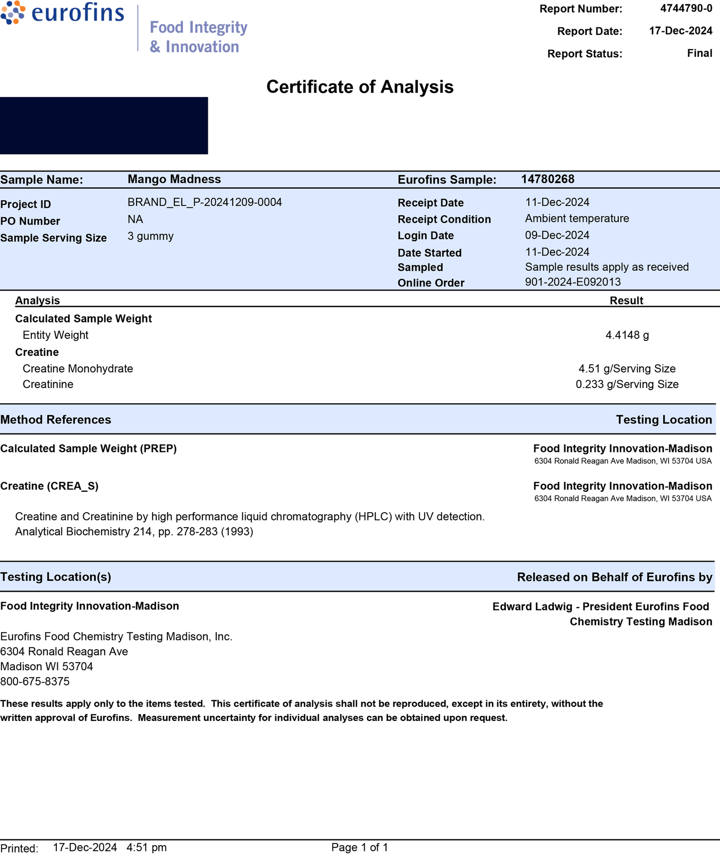 Laser Beams Gummies Mango Madness Creatine Gummies lab report