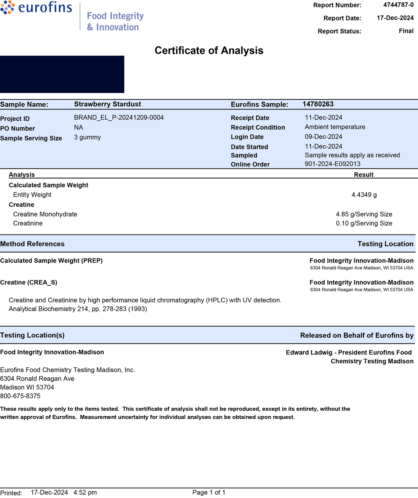Laser Beams Gummies Strawberry Stardust Creatine Gummies lab report